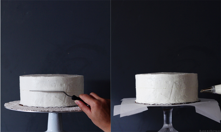 第三步是在左边，用手用糖霜刀平滑蛋糕的边缘。第四步在右手边，拿着裱花袋，准备开始制作第一朵玫瑰。