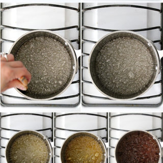 逐步逐步溶解在锅中的糖，并在底部有三种颜色示例烹饪焦糖。