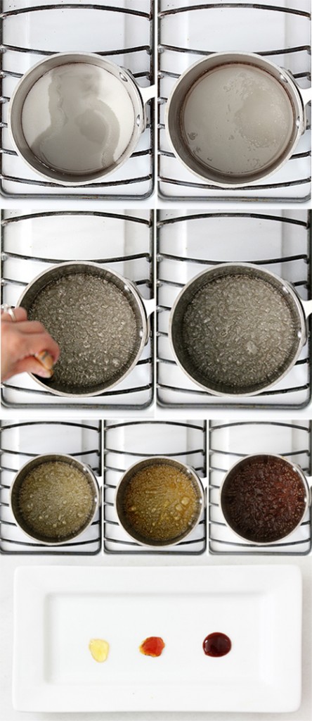 一步一步的图片，糖溶解在锅和烹饪成焦糖与三种颜色的例子在底部。