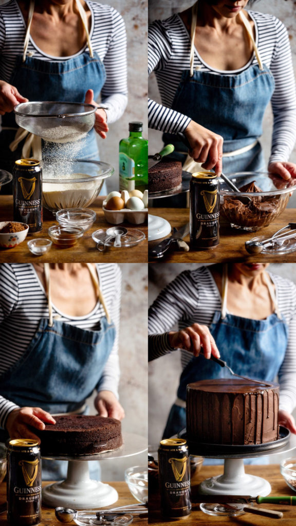 四个步骤的图片如何烘烤和组装巧克力层蛋糕。